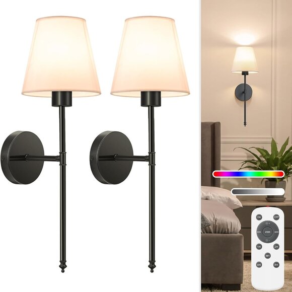 Elegant Black Wall Lights - Set of 2 with Wireless Remote & 10 Adjustable Colors